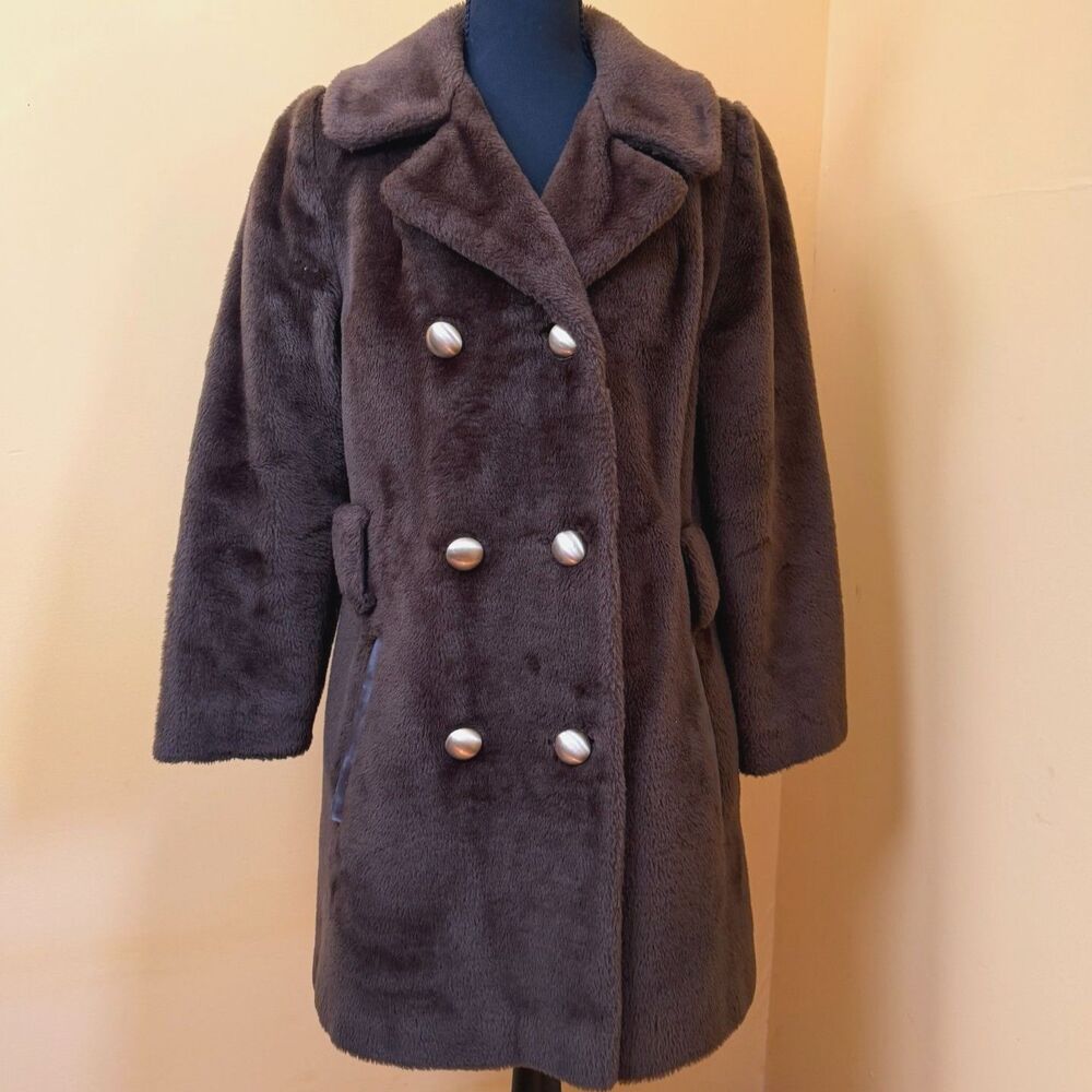 VTG 70s Sears Roebuck Faux Fur Teddy Coat Jacket Brown Double Breasted Womens 8